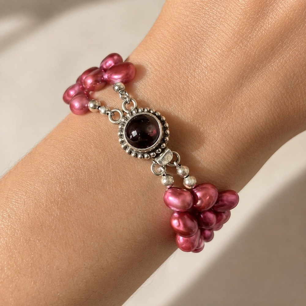 Sterling Silver Burgundy Pearl Bracelet Cabochon Beaded Elevated Luxury - 7.75"